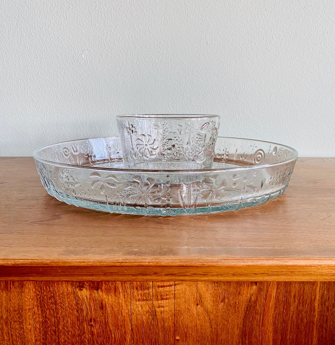 Vintage Glass Chip and Dip Set in the Style of Iittala's Flora by Oiva