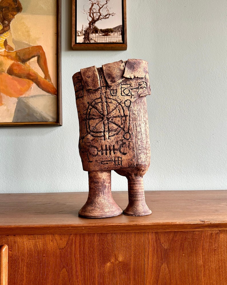 Brutalist pottery sculpture covered with symbols / fantastical ceramic figure signed Kranz featuring runes or occult marks image 1