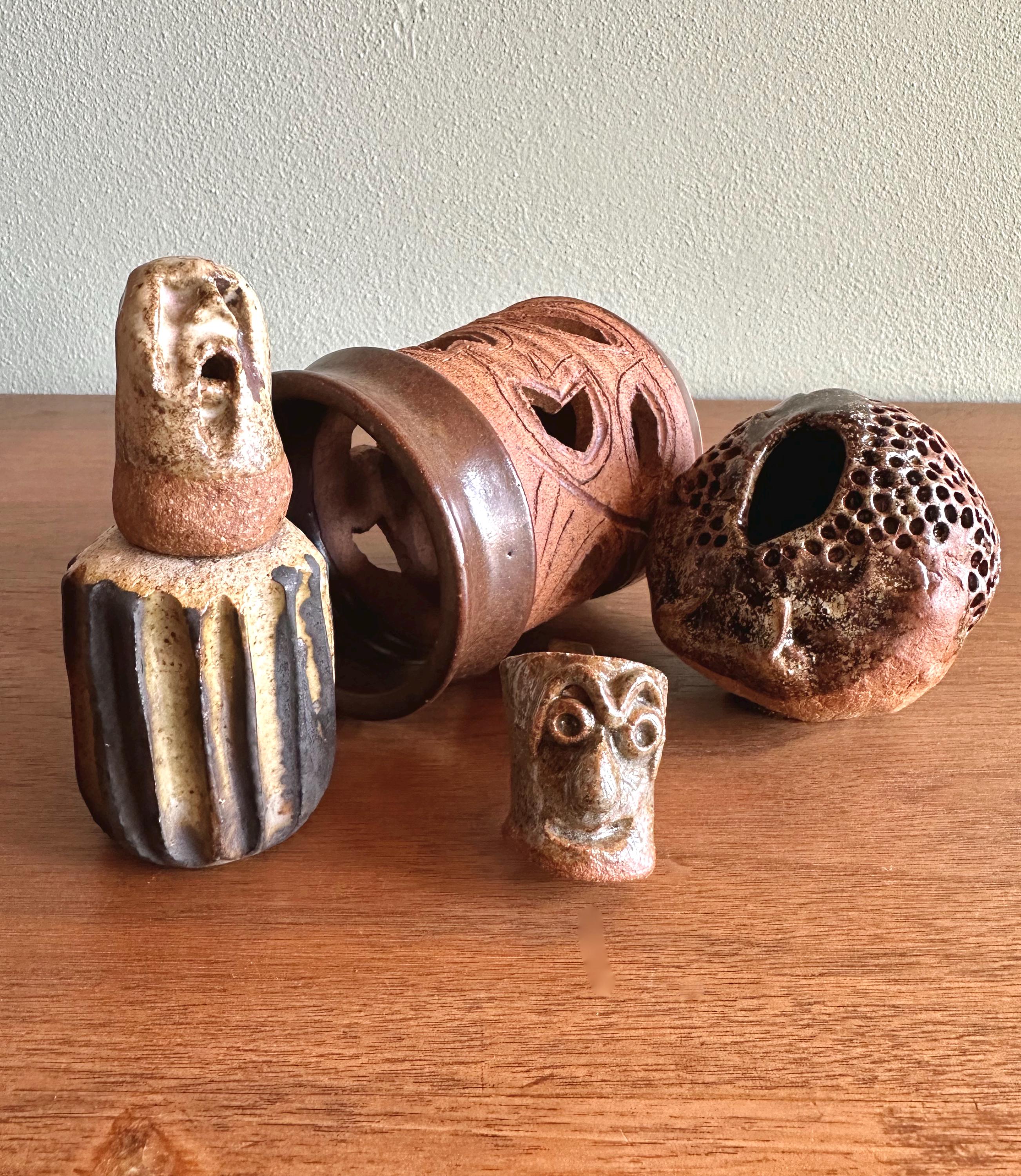 Collection of small weird vintage pottery pieces / handmade ceramic art candleholders, vase, etc