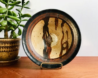 Vintage studio pottery bowl / black and sienna abstract striped decorative dish / handmade earthy boho decor