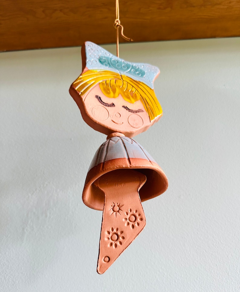 Vintage Pacific Stoneware wind chime / doll or girl wind bell for garden or patio / 1960s 1970s PNW pottery by Bennet Welsh image 2