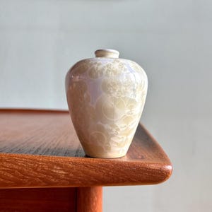 May include: A small, decorative vase with a pearlescent finish and a unique, circular pattern. The vase is a soft, creamy color with subtle variations. It sits on a wooden surface, showcasing its elegant design. The vase is approximately 6 inches tall.