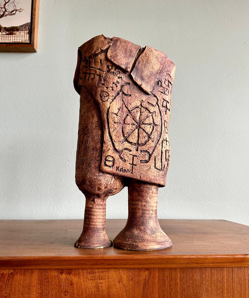 Brutalist pottery sculpture covered with symbols / fantastical ceramic figure signed Kranz featuring runes or occult marks image 3