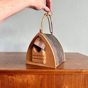 Vintage artist birdhouse made of copper and wood / Alan Buss handmade hanging bird habitat with leather strap image 3