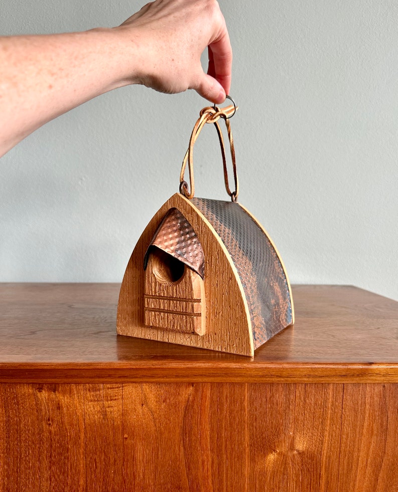 Vintage artist birdhouse made of copper and wood / Alan Buss handmade hanging bird habitat with leather strap image 3
