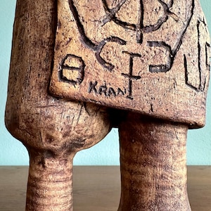 Brutalist pottery sculpture covered with symbols / fantastical ceramic figure signed Kranz featuring runes or occult marks image 7