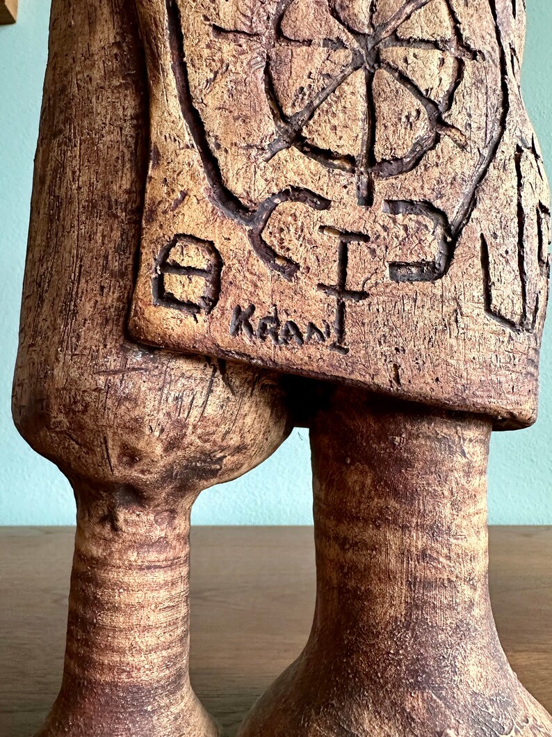 Brutalist pottery sculpture covered with symbols / fantastical ceramic figure signed Kranz featuring runes or occult marks image 7