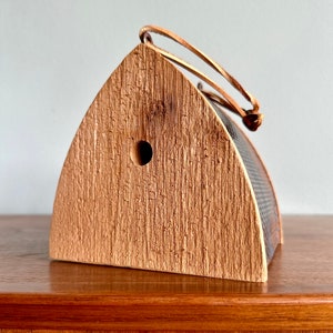 Vintage artist birdhouse made of copper and wood / Alan Buss handmade hanging bird habitat with leather strap image 6