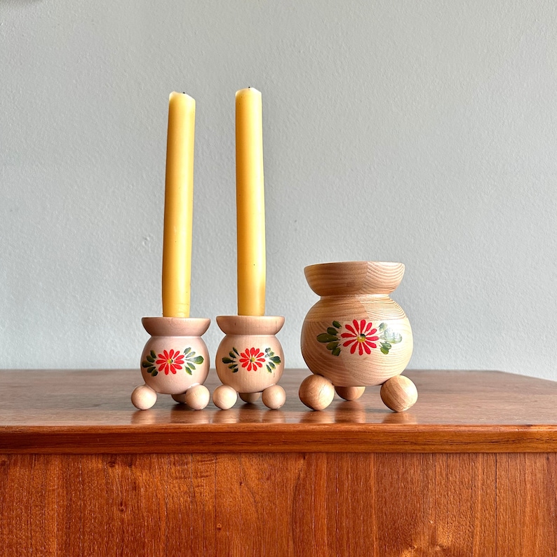 Vintage Swedish folk art candleholder set of 3 / handmade natural wood candlestick holders / Scandinavian holiday decor image 1