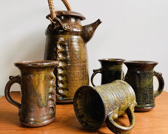 Vintage studio pottery tea or coffee set with four mugs / signed handmade ceramics marked CSC 69
