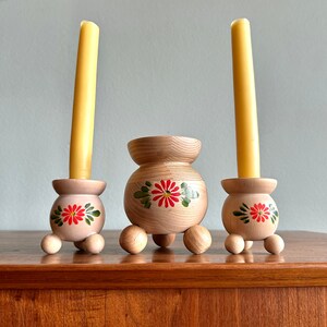 Vintage Swedish folk art candleholder set of 3 / handmade natural wood candlestick holders / Scandinavian holiday decor image 2