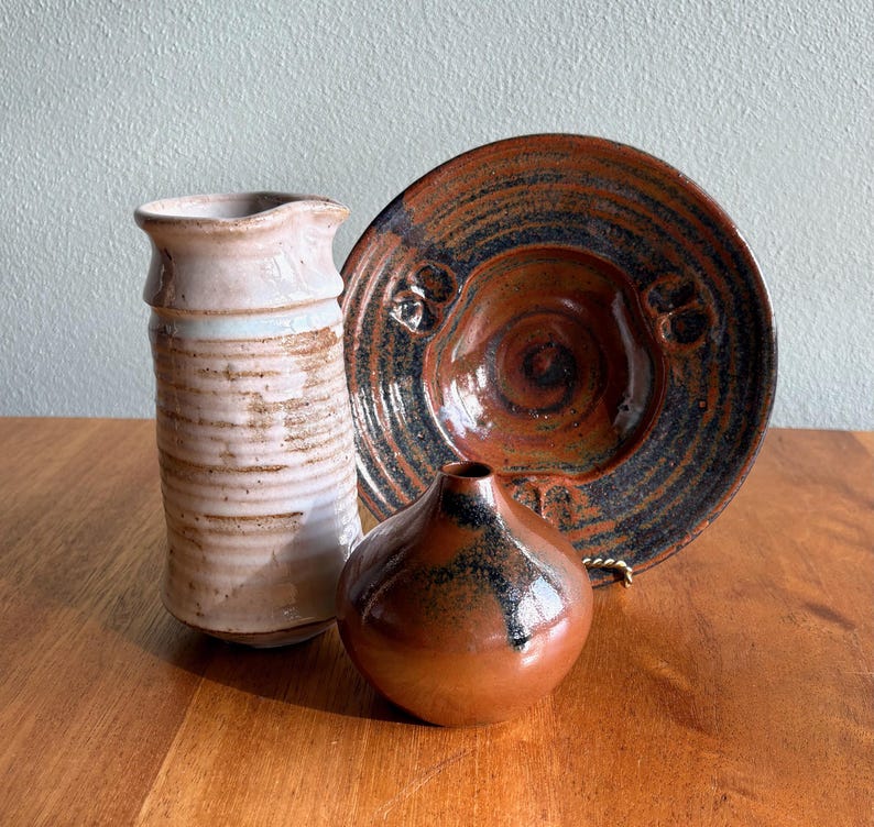 Trio of Studio Pottery Pieces in Earthy Colors