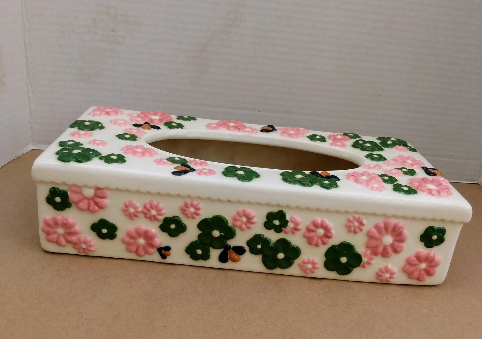 Vintage BoHo Ceramic Kleenex Tissue Box Cover Pink Green Etsy