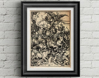 Four Horsemen of the Apocalypse Print - Albrecht Durer 1497, Engraving, Woodcut, Purgatory, Religion, Poster, Wall art, Cool Gift!