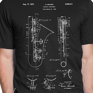 Saxophone Selmer Patent, T-shirt S-XXL Men/Women, Coltrane, Classical, Music, Jazz, Blues, Vintage, Blueprint, Cool Gift!
