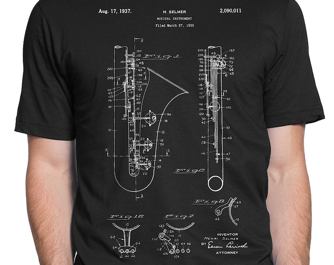 Saxophone Selmer Patent, T-shirt S-XXL Men/Women, Coltrane, Classical, Music, Jazz, Blues, Vintage, Blueprint, Cool Gift!