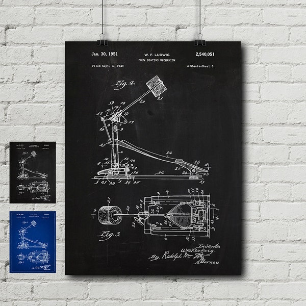 Ludwig Pedal 1949 Patent Print - Instrument, Music, Drums, Drummer, Bass Drum, Snare, Vintage, Blueprint, Wall Decor, Wall art, Cool Gift!