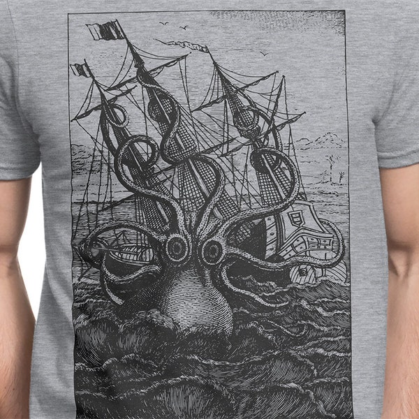 Kraken Octopus T-shirt S-XXL Men/Women Vintage Nautical Engraving, Squid, Sea, Octopi, Ship, Boat, Animal Cool Gift