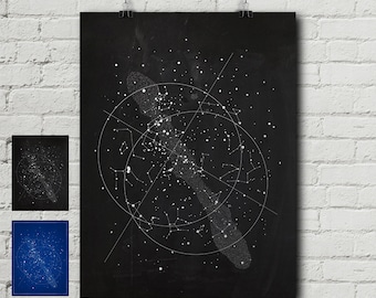 Night Sky Print - Astronomy, Stars, Constellations, Universe, Physics, Astrology, Vintage, Blueprint, Wall Decor, Wall art, Cool Gift!