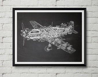 P-51 Mustang Fighter Plane Print - Segunda Guerra Mundial, Avión, Boceto, Dibujo, Esquema, Vintage, Plano, Decoración de pared, Arte de pared, ¡Regalo genial!