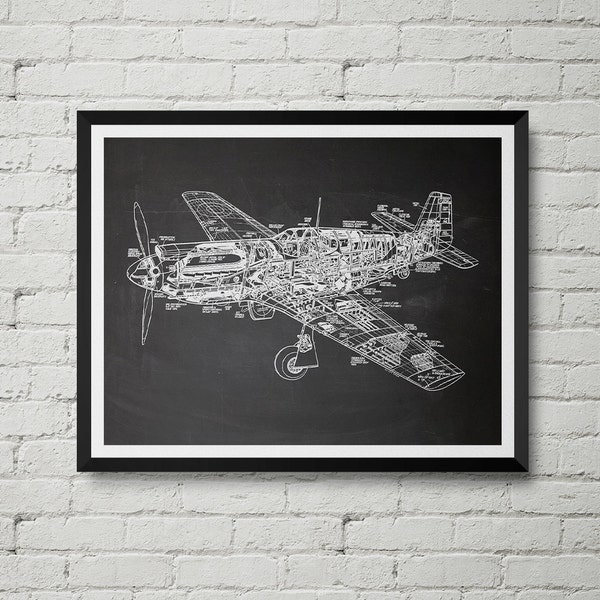 P-51 Mustang Fighter Plane Print - WW2, Aircraft, Sketch, Drawing, Schematic, Vintage, Blueprint, Wall Decor, Wall art, Cool Gift!