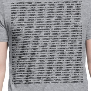 Könnte beinhalten: Graues T-Shirt mit einem langen String schwarzer Zahlen, die Pi darstellen. Die Zahlen bedecken die gesamte Vorderseite des Shirts, eine visuelle Darstellung der mathematischen Konstante.