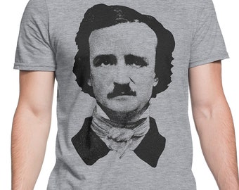 May include: A grey t-shirt featuring a black and white image of Edgar Allan Poe's face.