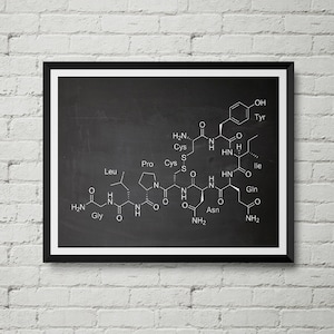 Könnte beinhalten: Ein schwarz-weißes Diagramm einer chemischen Struktur auf einer Tafel. Die Struktur ist mit den Namen der Aminosäuren beschriftet, darunter Gly, Leu, Pro, Cys, Tyr, Ile, Gln und Asn.