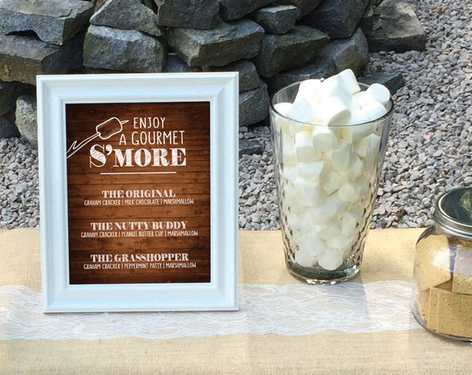 S'more Menu, Enjoy a Gourmet Smore Sign, S'more Sign, Smores Menu, Gourmet Smore Bar, 8x10” Rustic Wood Style Instant Download Printable