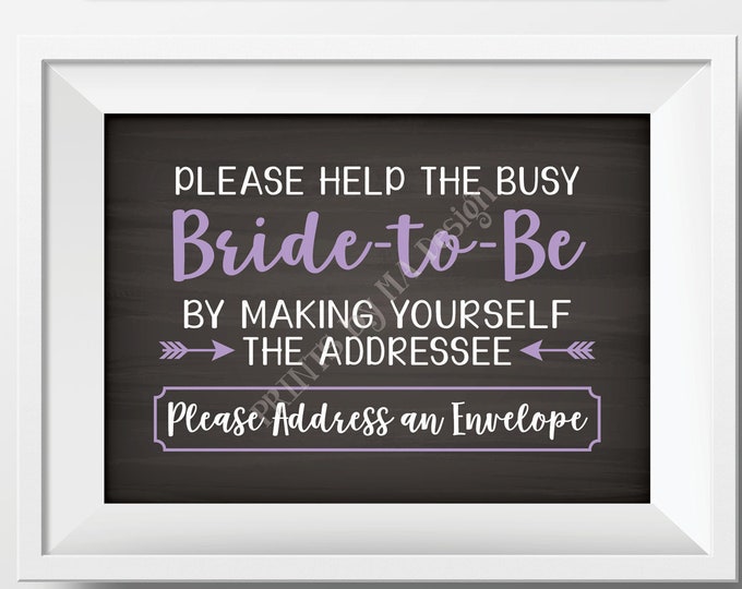 Address Envelope Bridal Shower Sign, Addressee Help the Bride by Addressing an Envelope, Purple, PRINTABLE 5x7” Chalkboard Style Sign <ID>