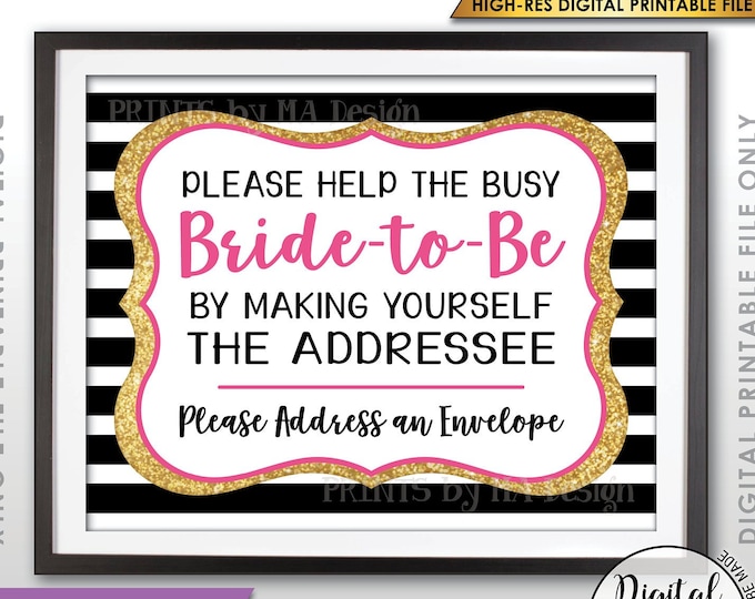 Bridal Shower Address an Envelope Sign, Help the Bride, Be the Addressee, Black Pink & Gold Glitter PRINTABLE 8x10” Bridal Shower Sign <ID>