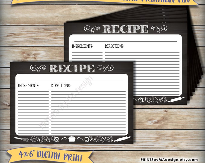 Recipe Card, Printable Chalkboard Design, Wedding Shower Bridal Shower Recipe Card, Write Your Recipe,  4x6" Digital Print Instant Download