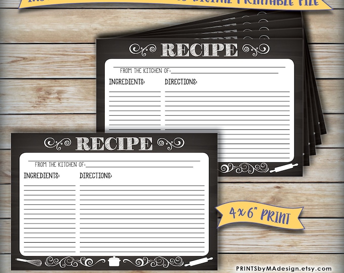 Recipe Card, Printable Chalkboard Design, Wedding Shower Bridal Shower Recipe Card, Write Your Recipe,  4x6" Digital Print Instant Download