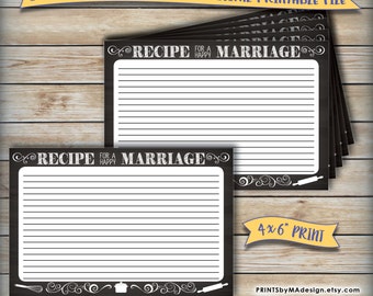 Recipe for a Happy Marriage Advice Card, Printable Chalkboard Design, Wedding Bridal Shower, 4x6" Digital Print Instant Download <ID>