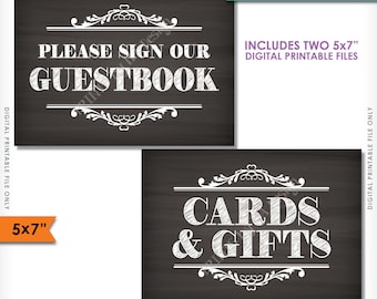 Cards & Gifts Sign, Please Sign Our Guestbook, Guest Book, Gifts Cards, Two Chalkboard Style PRINTABLE 5x7” Instant Download Wedding Signs