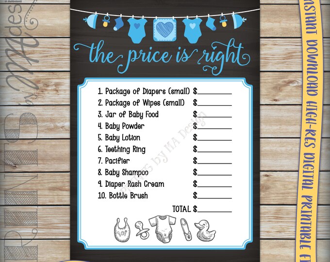 Price is Right Baby Shower Game, Guess the Prices Activity, Price Game, Blue Shower, Boy, PRINTABLE 5x7” Chalkboard Style Instant Download