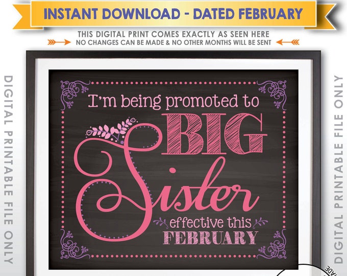 Promoted to Big Sister Pregnancy Announcement, Promotion Date, Baby #2 due FEBRUARY Dated Chalkboard Style PRINTABLE Baby Reveal Sign <ID>