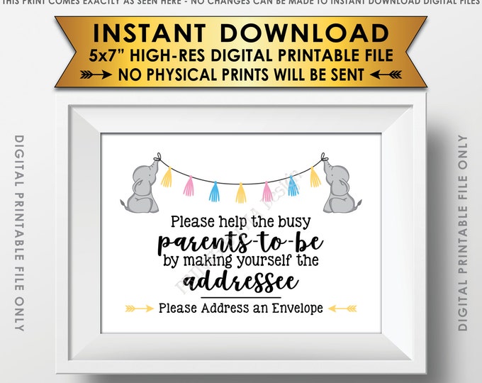Address an Envelope Sign, Elephant Baby Shower Help the Busy Parents-to-Be, Neutral Baby Shower Decor, PRINTABLE 5x7” Baby Shower Sign <ID>