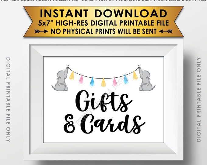 Elephant Baby Shower Gifts and Cards Sign, Cards and Gifts Table Sign, Gender Neutral Baby Shower Decor PRINTABLE 5x7” Baby Shower Sign <ID>