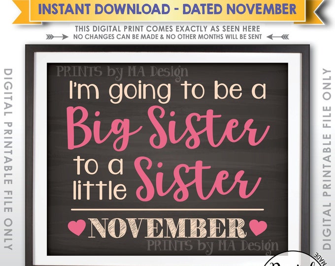 It's a Girl Gender Reveal Pregnancy Announcement, Going to be a Big Sister to a Little Sister in NOVEMBER Dated PRINTABLE Sign<ID>