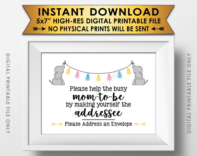 Address an Envelope Sign, Elephant Baby Shower Help the Busy Mom-to-Be Sign, Neutral Baby Shower Decor, PRINTABLE 5x7” Baby Shower Sign <ID>