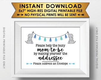 Address an Envelope Sign, Elephant Baby Shower Help the Busy Mom-to-Be Sign, Blue Baby Shower Decor, PRINTABLE 5x7” Baby Shower Sign <ID>