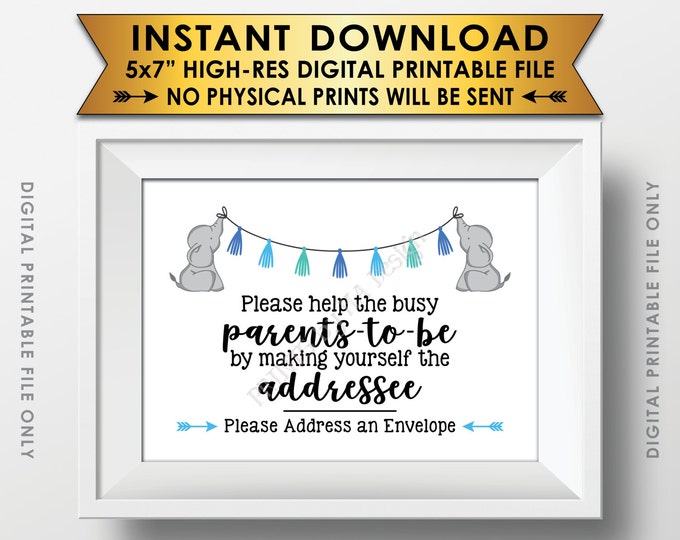 Address an Envelope Sign, Elephant Baby Shower Help the Busy Parents-to-Be, Blue Baby Shower Decor, PRINTABLE 5x7” Baby Shower Sign <ID>
