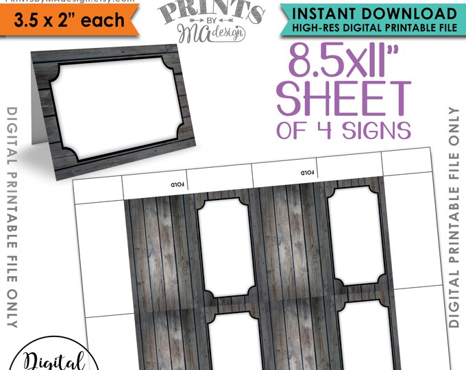 Table Tent Place Cards, Mini Menu Signs, Cut and Fold Labels, Buffet Food Labels, PRINTABLE 8.5x11" Sheet of four 3.5x2" Rustic Wood Signs
