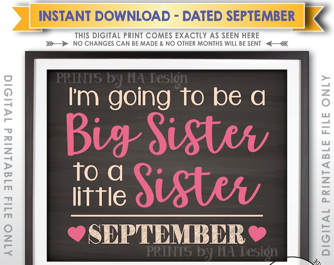 Gender Reveal Announcement I'm Going to be a Big Sister to a Sister in SEPTEMBER Dated Chalkboard Style PRINTABLE Pregnancy Reveal Sign <ID>