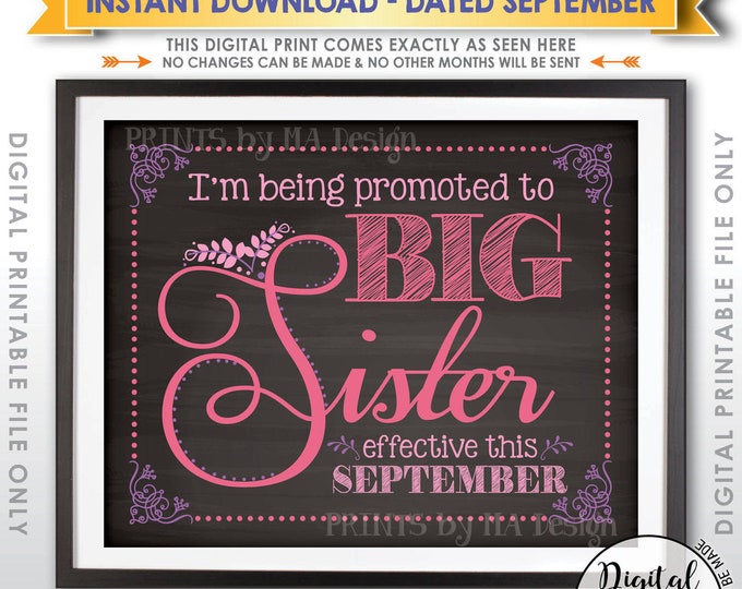 Baby Number 2 Pregnancy Announcement, Promoted to Big Sister in SEPTEMBER Dated Chalkboard Style PRINTABLE Baby #2 Reveal Sign, Pink <ID>