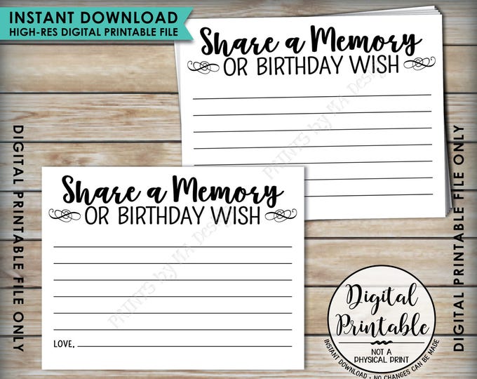 Birthday Share a Memory Card, Share Memories or a Birthday Wish, Write a Memory, B-day Party Activity, PRINTABLE 8.5x11" Digital File <ID>