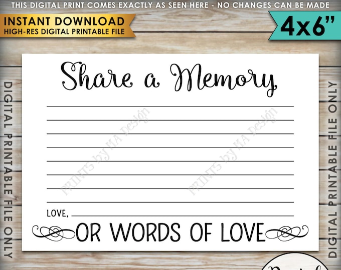 Share a Memory Card, Share Memories, Write a Memory, Please Leave a Memory, Memorial Card, Graduation, 4x6" Printable Instant Download