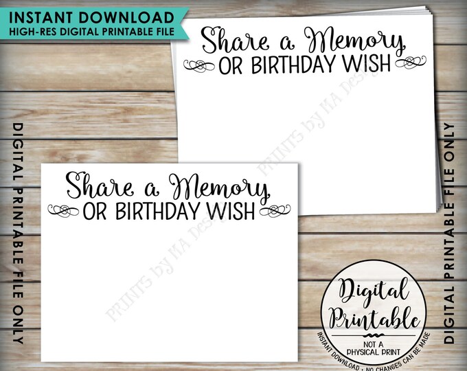 Share a Memory Card, Share Memories or a Birthday Wish, Write a Memory, Birthday Party Activity, Birthday 8.5x11" Printable Instant Download