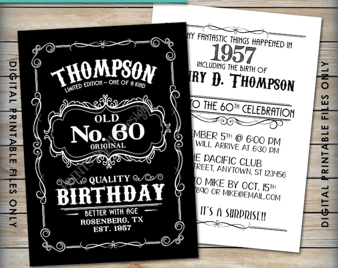 Vintage Birthday Invitation, Alcohol Theme Birthday Party Invite, Old No. Whiskey, Liquor, PRINTABLE 5x7" Black & White Digital Files